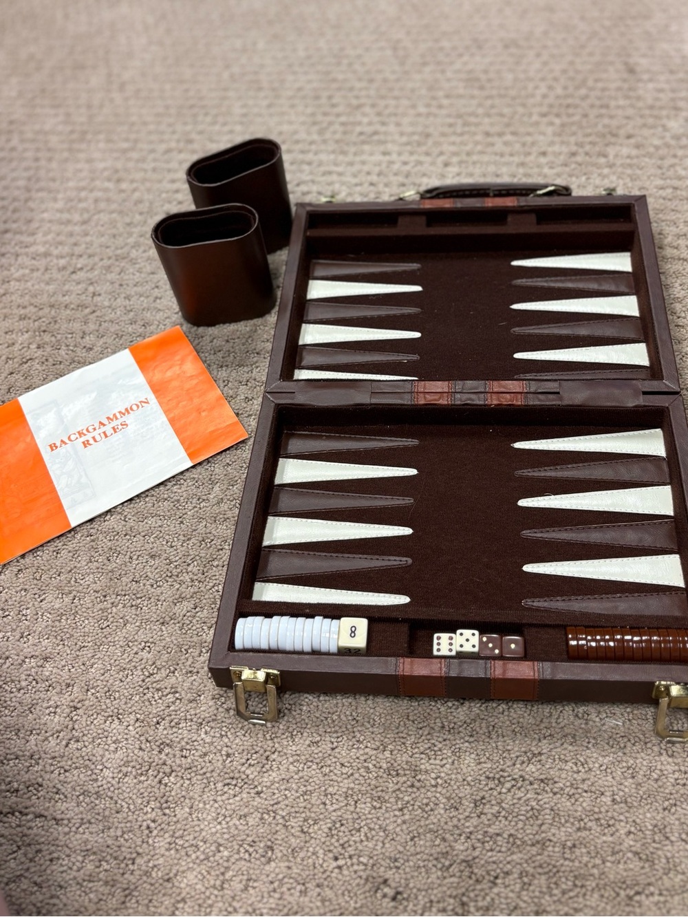 Brown Travel Backgammon Set with Dice & Cups - Brand Not Visible